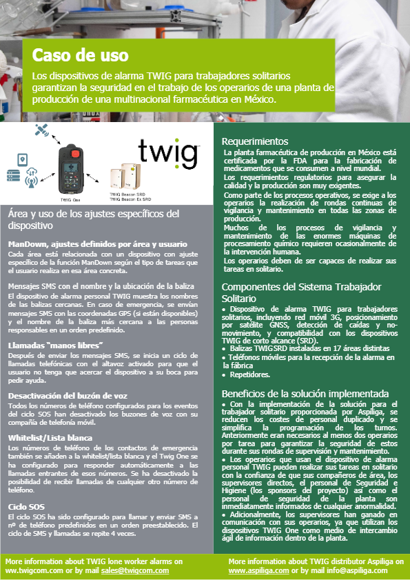 Caso de Uso: Los dispositivos de alarm TWIG para trabajadores solitarios garantizan la seguridad en el trabajo de los operarios de una planta de produccion farmaceutica en Mexico
