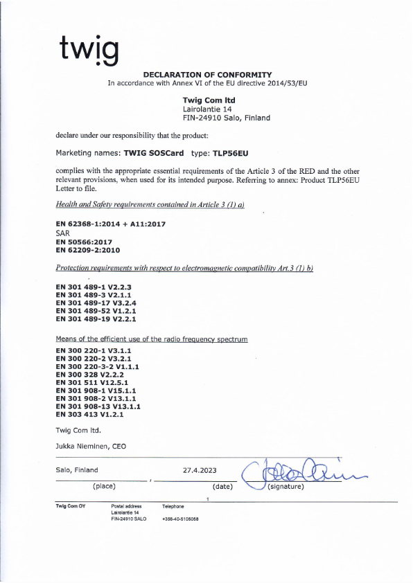 Declaration of Conformity TLP56EU TWIG SOSCard
