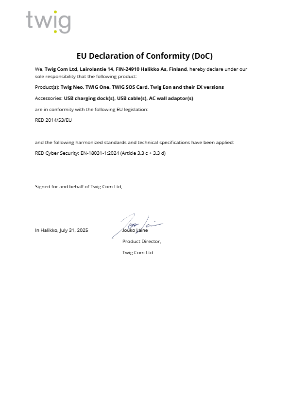 TWIG EU Declaration of Conformity Cybersecurity