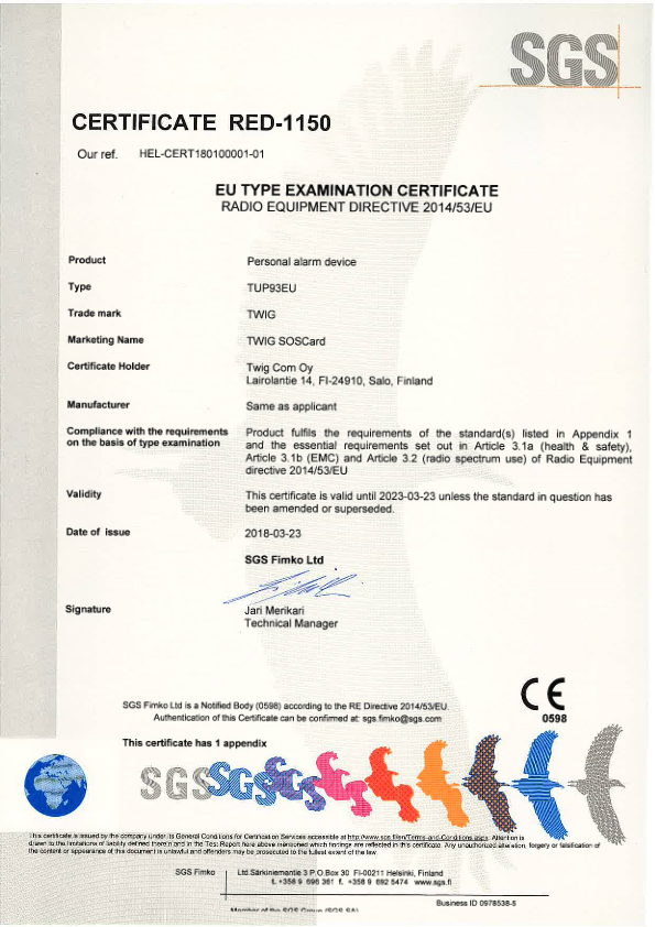 TWIG SOSCard TUP93EU RED Certificate 1150
