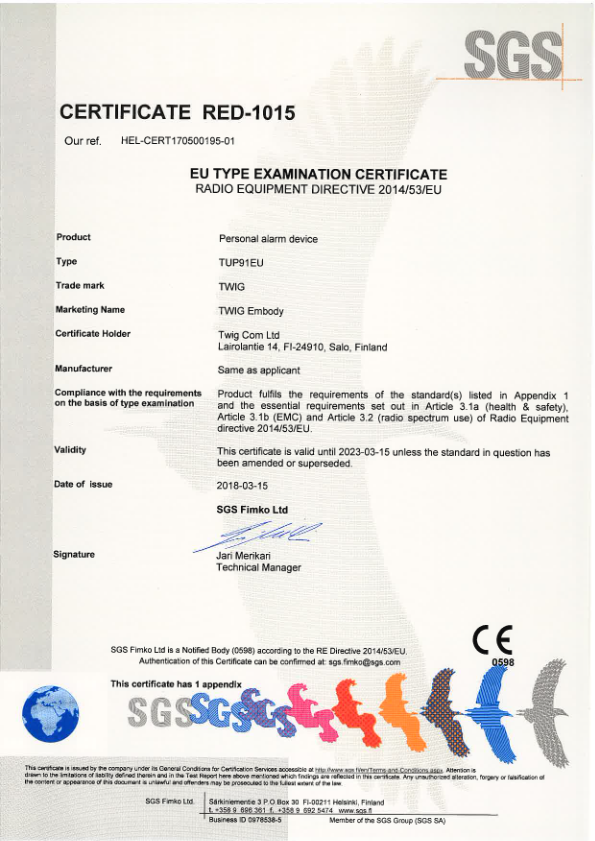 TWIG Embody TUP91EU RED Certificate 101