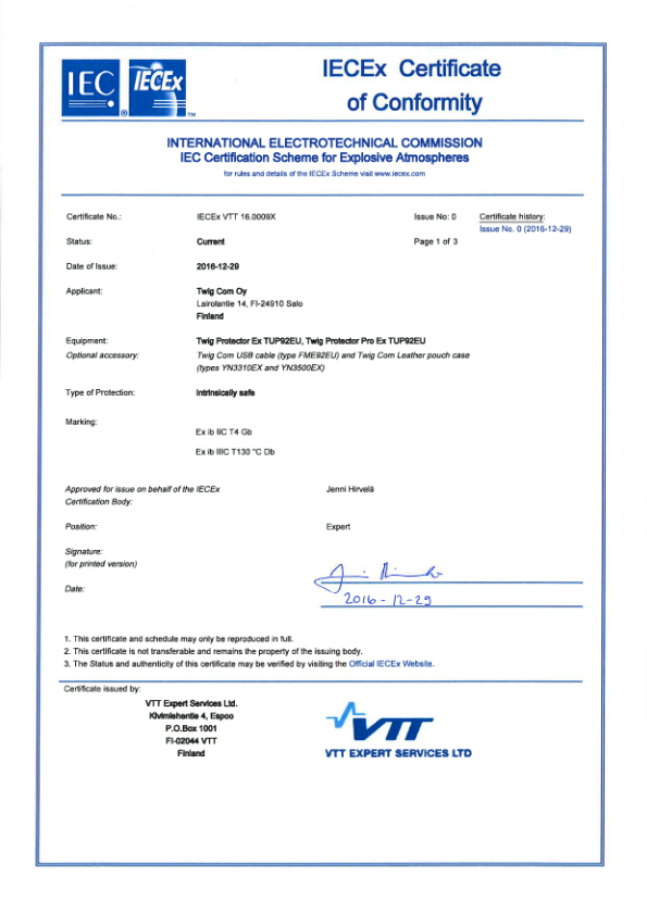 TWIG Protector Ex IECEx Certificate VTT 16.0009X_0 