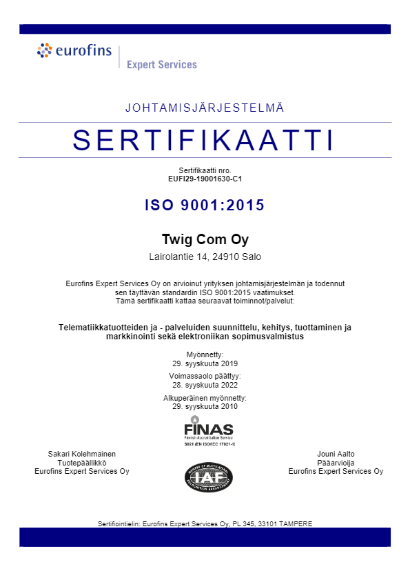 Johtamisjärjestelmäsertifikaatti ISO9001:2015
