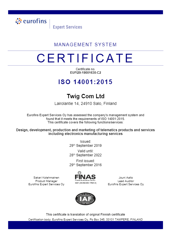 Management System Certificate ISO14001 2015