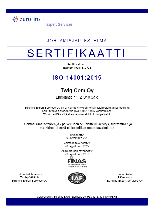 Johtamisjärjestelmäsertifikaatti ISO14001:2015